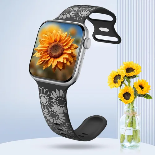 Miniatura 3 de Correa de silicona grabada de girasol compatible con correas de Apple Watch de 1.496, 1.575, 1.614, 1.654, 1.732, 1.772 y 1.772 pulgadas para mujer