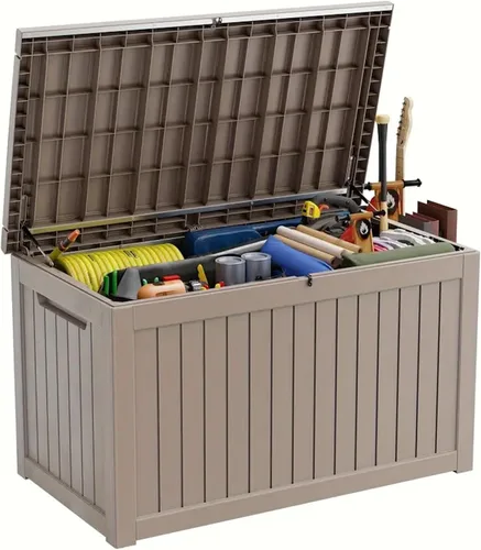 Miniatura 9 de Caja de almacenamiento impermeable para exteriores de 180 galones, caja de resina resistente a los rayos UV con varilla hidráulica para mayor 2-Gris