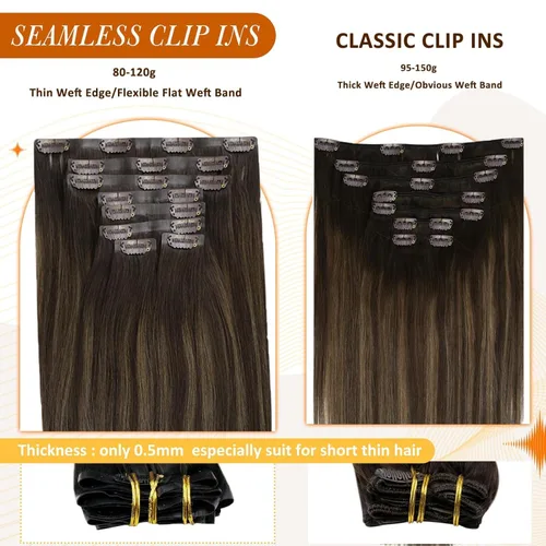 Miniatura 4 de Full Shine Extensiones de cabello humano real con clip, sin costuras, de 22 pulgadas, balayage a marrón claro con rubio caramelo, cabello lacio