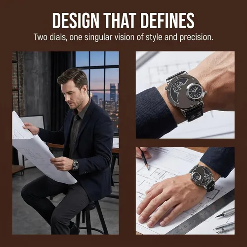 Miniatura 6 de MJSCPHBJK Reloj de pulsera analógico único para hombre, sumergible, de moda, de vestir, de cuarzo, con dial doble, diseño genial, banda de cuero