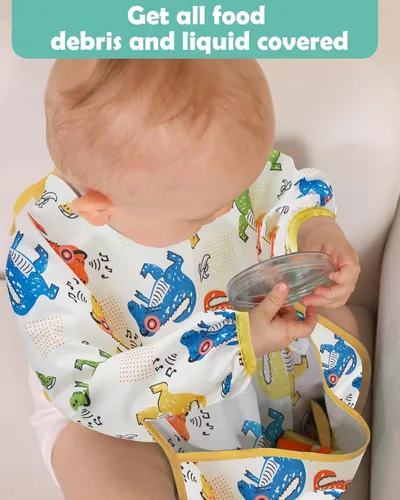 Miniatura 7 de Lictin Paquete de 3 baberos para bebé para niño o niña, lindo babero de manga larga, baberos impermeables para niños pequeños, bata de bebé