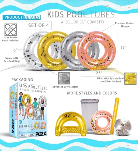 Miniatura 2 de Paquete de 4 flotadores inflables para piscina para niños, anillos flotantes de piscina rellenos de confeti brillante, lindos flotadores de piscina