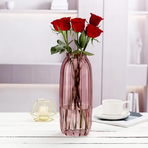 Miniatura 4 de Florero grande de cristal rosa acanalado – Jarrón decorativo de piso de 12.0 pulgadas para centros de mesa del hogar y casa de campo B Estilo-rosa