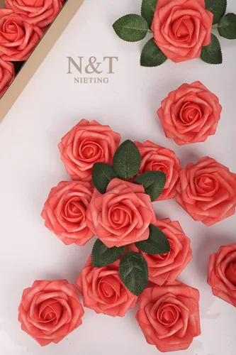 Miniatura 2 de N&T NIETING Flores artificiales, 25 rosas falsas de espuma de coral de aspecto real con tallos para ramos de boda, centros de mesa de despedida