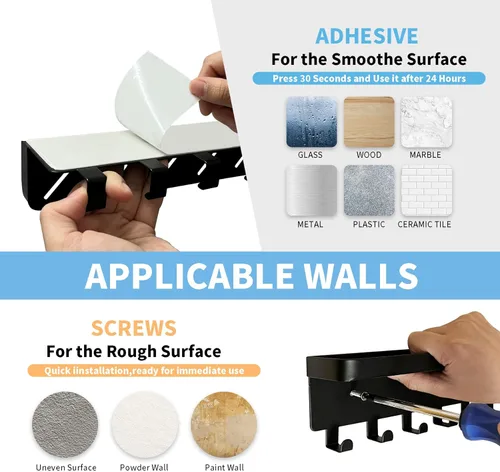 Miniatura 4 de GTK Soporte para llaves de pared con bandeja y 6 ganchos, soporte para llaves montado en la pared para pasillo, estante para llaves con estante