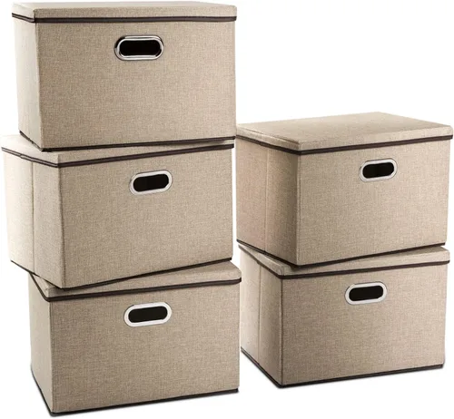 Miniatura 41 de PRANDOM Contenedor de almacenamiento plegable con tapa [1 unidad] Caja de almacenamiento decorativa de tela de lino, cesta organizadora con asas