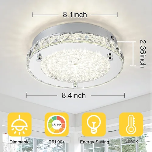 Miniatura 5 de Lámpara de techo de cristal de montaje empotrado, moderna lámpara de techo LED de 4000 K, lámpara de techo redonda de 8 pulgadas para espacios