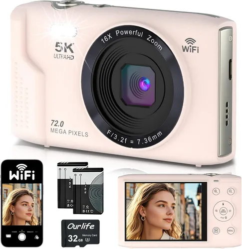 Cámara digital 5K para fotografía, cámara de videoblogs WiFi de 72 megapíxeles con enfoque automático para videos de YouTube con zoom digital 16X,
