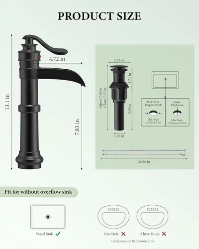 Miniatura 3 de Homevacious Grifo de baño negro para lavabo, cascada mate, cuenco antiguo de un solo orificio con tapón de drenaje emergente, línea de suministro