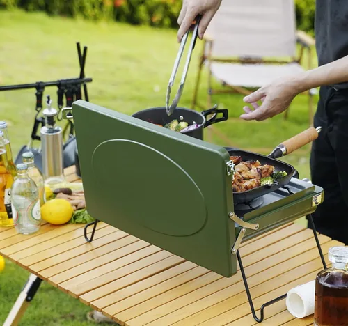 Miniatura 6 de Estufa de gas portátil para campamento de 2 quemadores, estufa de propano con patas plegables, pestillo y asa de alta resistencia para patio, Verde
