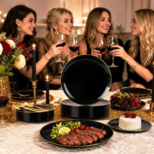Miniatura 5 de YOUBET 125 piezas de platos de plástico negros y dorados - Platos desechables negros con borde dorado - Incluye 25 platos de cena, 25 platos