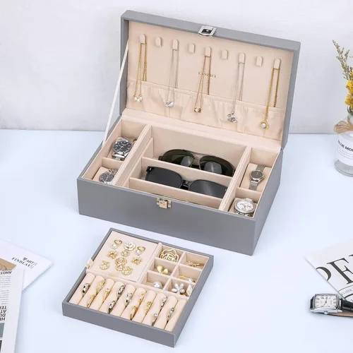 Miniatura 7 de LANDICI Joyero organizador para mujeres y niñas, estuche grande de 2 capas para hombres con bandeja extraíble, soporte de almacenamiento de joyas