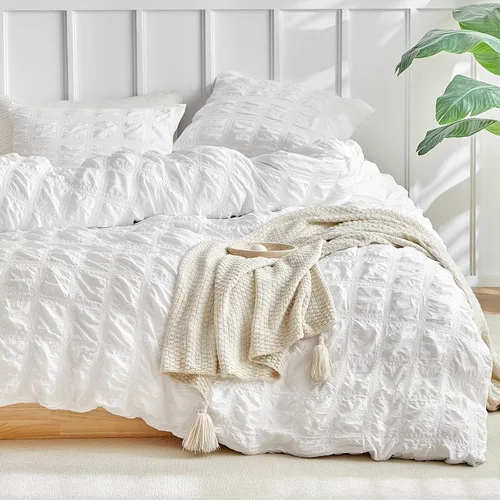 Miniatura 16 de WARMDERN - Juego de funda de edredón tamaño Queen, juego de ropa de cama de 3 piezas de microfibra lavada color beige, funda de edredón con textura