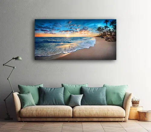 Miniatura 7 de Jiuqinghua Impresiones en lienzo para pared, pinturas de paisaje oceánico de playa azul, 1 panel, puesta de sol, olas del mar, decoración de pared
