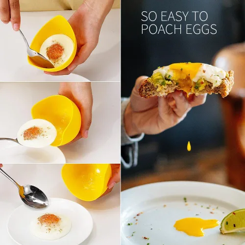 Miniatura 4 de Mikim Vasos de silicona para escalfar huevos con soportes de anillo, taza antiadherente para cocinar con freidora de aire en la estufa, sin BPA