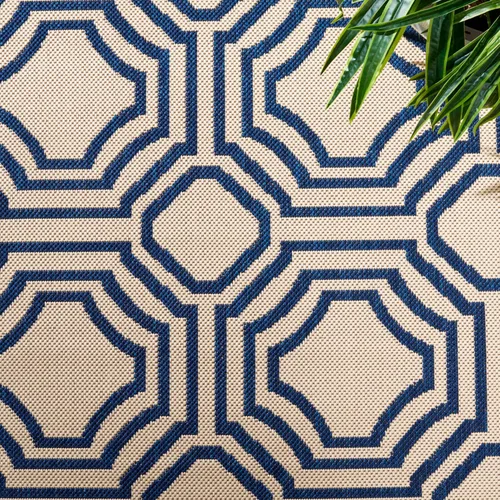 Miniatura 5 de SAFAVIEH Alfombra lavable para exteriores, colección Patio de 2.3 x 6.7 pies, beige y azul marino, no desprende pelusa y es fácil de limpiar, ideal