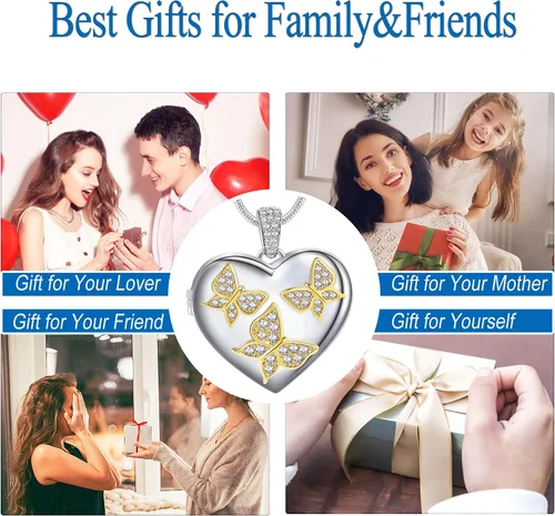 Miniatura 5 de Fanery sue Collar personalizado con medallón de corazón de mariposa, collares personalizados para mujer, regalos personalizados con foto y texto