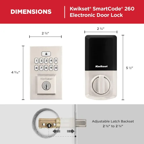 Miniatura 9 de Kwikset SmartCode 260 Cerradura Electrónica de Entrada sin Llave con Teclado y Pestillo de Seguridad, con Auto-Bloqueo, Códigos de Usuario Níquel