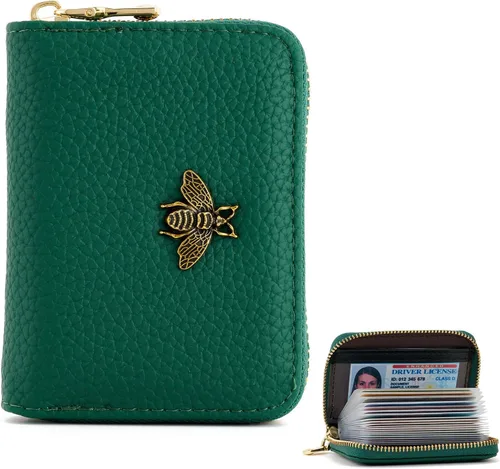 Miniatura 10 de WOZEAH Tarjetero de cuero para mujer, cartera con bloqueo RFID, con cremallera, tarjetero, para negocios, Negro, Sólido