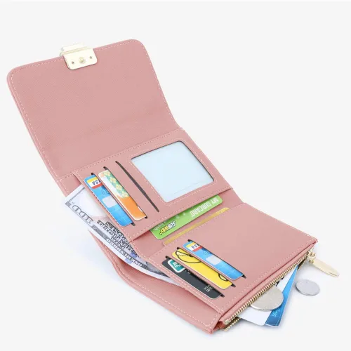 Miniatura 4 de Cartera pequeña para mujer, tarjetero de piel sintética, bloqueo RFID, con triple pliegue, sobre con cremallera, monedero, rosa ( B - Pink ), Moda