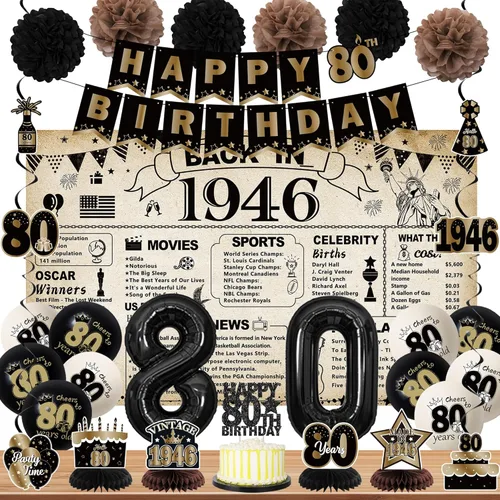 DARUNAXY Decoraciones de fiesta de cumpleaños número 80 para hombres y mujeres, pancarta vintage de regreso en 1946, globos negros del número 80 y