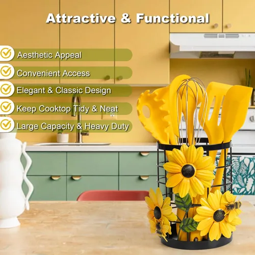 Miniatura 3 de Organizador de utensilios de cocina de girasol con juego de utensilios de cocina de silicona, 6 piezas, soporte para recipiente, decoración