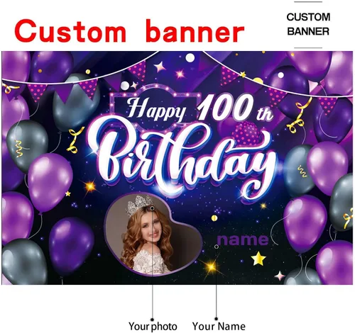 Miniatura 2 de Cartel decorativo personalizado de feliz cumpleaños número 100, personalización, morado, tamaños grandes, soporta fotos y nombres personalizados
