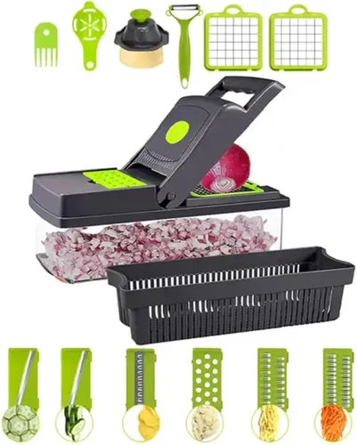 KitchenHelper Mandolina 15 en 1: picadora de alimentos, cortador, cortador, cortador, rallador, pelador, rebanador, separador de huevos y cesta de