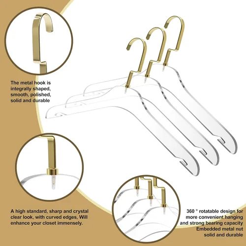 Miniatura 2 de Perchas de acrílico transparente de calidad, paquete de 5, elegante colgador con ganchos dorados, organizador de armario que ahorra espacio