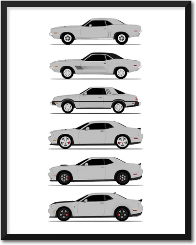 Miniatura 25 de Custom Car Posters Póster hecho a mano compatible con Dodge Challenger Generations e impresión de Challenger SRT, multicolor, impresión metálica