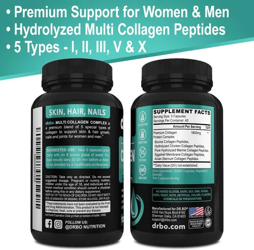 Miniatura 9 de Péptidos de colágeno múltiple para mujeres y hombres - Tipo I, II, III, V y X Multi colágeno para mujeres y hombres cápsulas complejas, píldoras