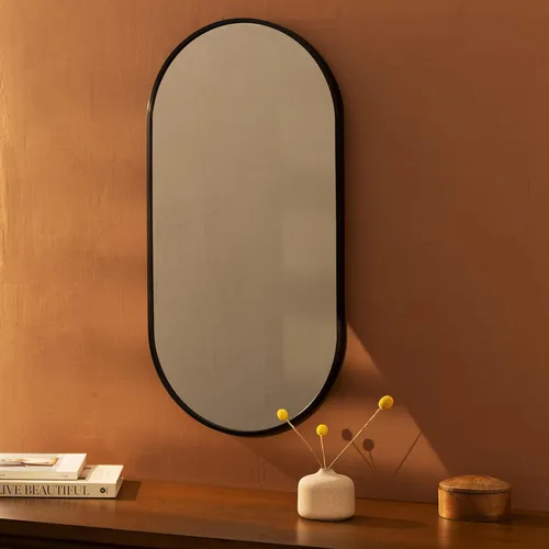 Miniatura 2 de Navaris Espejo de pared ovalado, 29.5 x 15 pulgadas, espejo colgante de pared con marco de aluminio negro inoxidable - Espejo para baño, pasillo