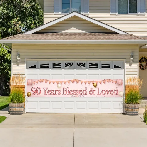 Miniatura 6 de Labakita Cartel de 90 años bendecidos y amados, pancarta grande de feliz cumpleaños 90, decoraciones de cumpleaños de mamá abuela 90 años, pancarta