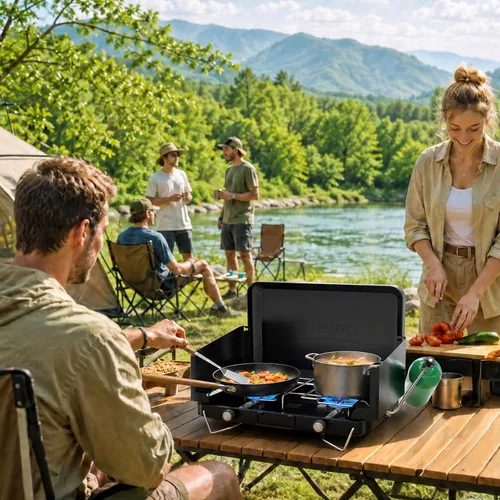 Miniatura 7 de ROVSUN 20000 BTU Propane Camping Stove with Adapter, 2 Burner Tabletop Portable Propane Camp Stove with Built-in Handle & Foldable Wind Panel for