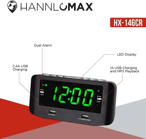 Miniatura 5 de HANNLOMAX HX-146CR Radio despertador, radio FM PLL, alarma dual, pantalla LED verde de 1.2 pulgadas, Bluetooth, 1 puerto USB para carga de 2.4 A y 1