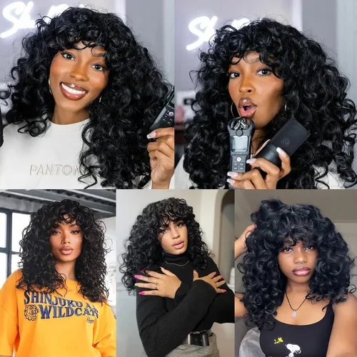 Miniatura 6 de ANNISOUL Pelucas rizadas negras para mujeres negras, peluca afro rizada larga con flequillo para mujeres, fibra sintética sin pegamento, pelo Negro