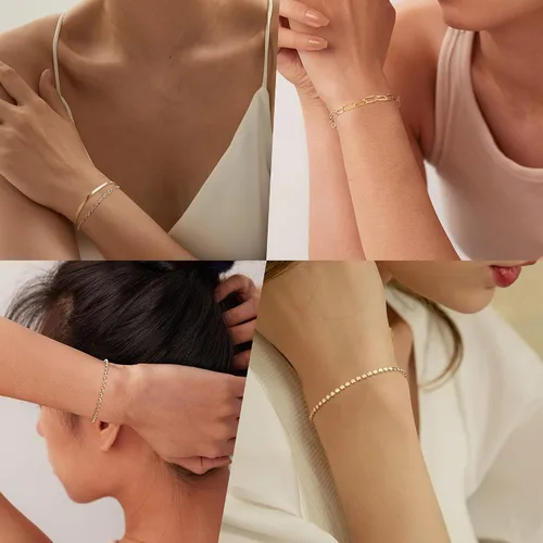 Miniatura 2 de FINREZIO 6 pulseras de cadena de oro para mujer, pulsera cubana con cuentas de eslabones de clip de papel, pulsera de cadena de cable grueso