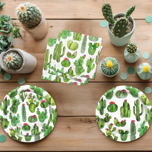 Miniatura 3 de Decoraciones de fiesta de cactus – Platos de fiesta de cactus y servilletas para fiestas de cumpleaños infantiles, sirve para 20 invitados