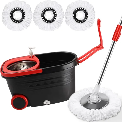 Juego de trapeador y cubo con escurridor – Sistema de limpieza de suelo giratorio de 360° en ruedas, 3 repuestos de fregona de microfibra para una