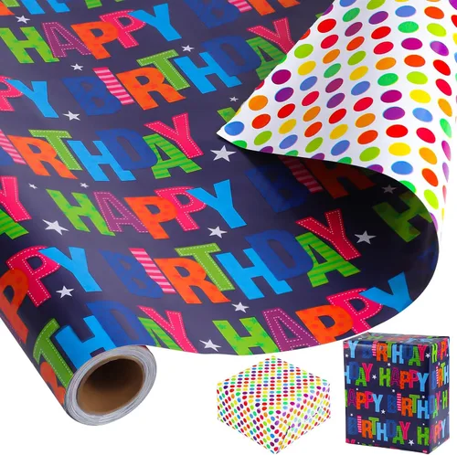 woric Papel de regalo reversible de cumpleaños para niños y niñas, 17 pulgadas x 36 pies, papel de regalo con letras de feliz cumpleaños para azul