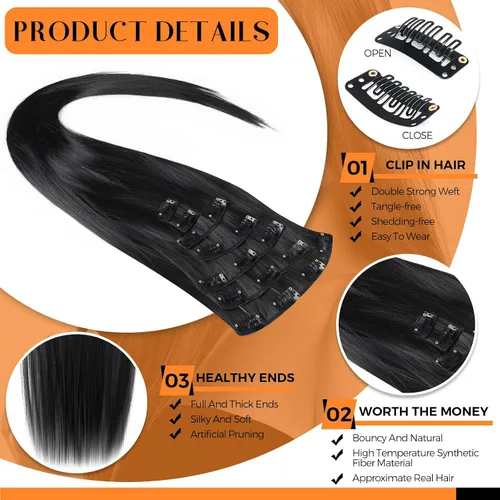 Miniatura 3 de Jexine 14 extensiones de cabello con clip de 24 pulgadas, extensiones de cabello largo y lacio, 9.17 oz, extensiones de cabello sintético suave