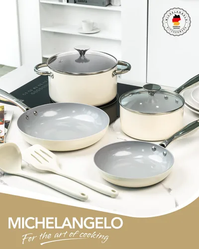 Miniatura 8 de MICHELANGELO Juego de ollas y sartenes antiadherentes - Juego de utensilios de cocina de cerámica no tóxicos, 8 piezas de ollas y sartenes Crema