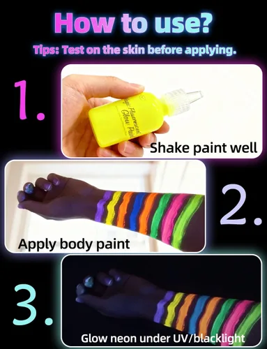 Miniatura 5 de 6 botellas, 28.3 g Pintura UV para el cuerpo brillante con luz negra fluorescente, segura para la piel, lavable, no tóxica, kit de seis
