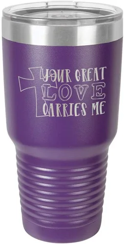 Miniatura 12 de Taza de viaje de acero con recubrimiento de polvo grabado con láser, con grabado de 30 oz con texto en inglés "Your Love Carries" y texto "Mis