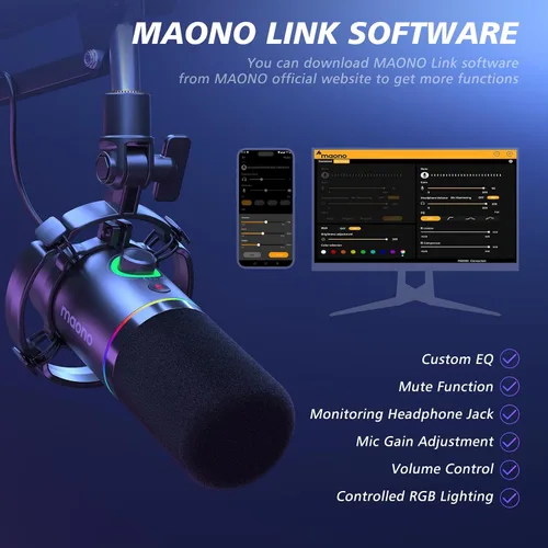Miniatura 3 de MAONO Kit de micrófono dinámico XLR/USB, micrófono podcast RGB con software, silencio, perilla de ganancia, control de volumen, brazo de brazo