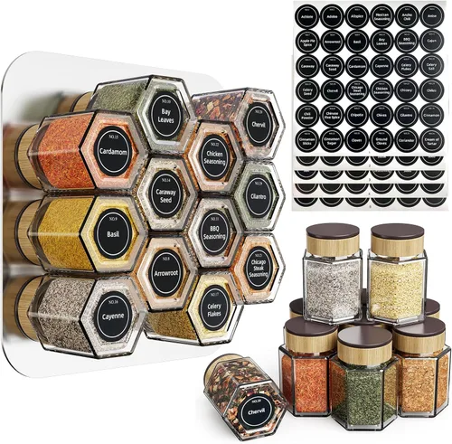 Juego de 12 latas magnéticas de vidrio para especias Vetacsion con 180 etiquetas adhesivas para condimentos