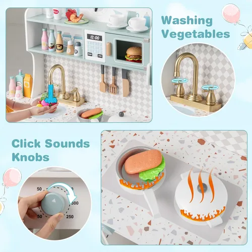 Miniatura 3 de INFANS Juego de cocina para niños, juego de cocina de madera para niños pequeños, juego de juguetes de cocina con cafetera, máquina de hielo, Azul