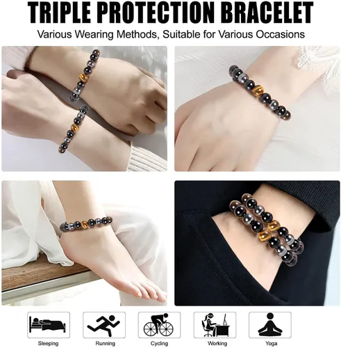 Miniatura 16 de HOZEAL Pulsera de triple protección, brazalete de obsidiana negra con ojo de tigre y hematita para hombres y mujeres, para traer suerte
