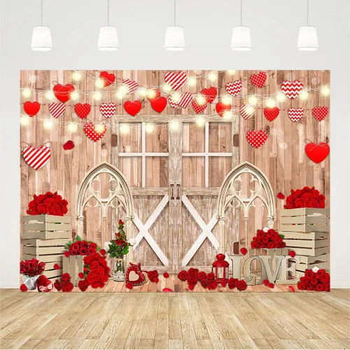 Miniatura 2 de AIBIIN Telón de fondo para el día de San Valentín de 7 x 5 pies para fotografía, puerta de pared de madera rústica, telón de fondo de San Valentín