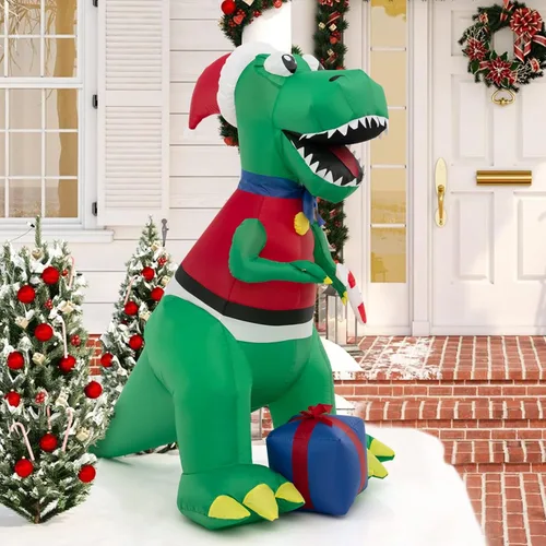 Miniatura 9 de GOFLAME Dinosaurio inflable de Navidad de 6 pies con regalo, decoración de Navidad inflable con luces LED, soplador impermeable, decoración inflable